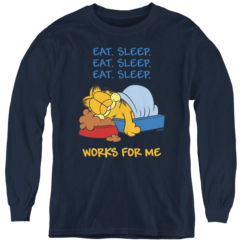 AN OFFCIALLY LICENSED GARFIELD WORKS FOR ME YOUTH LONG SLEEVE T-SHIRT NAVY