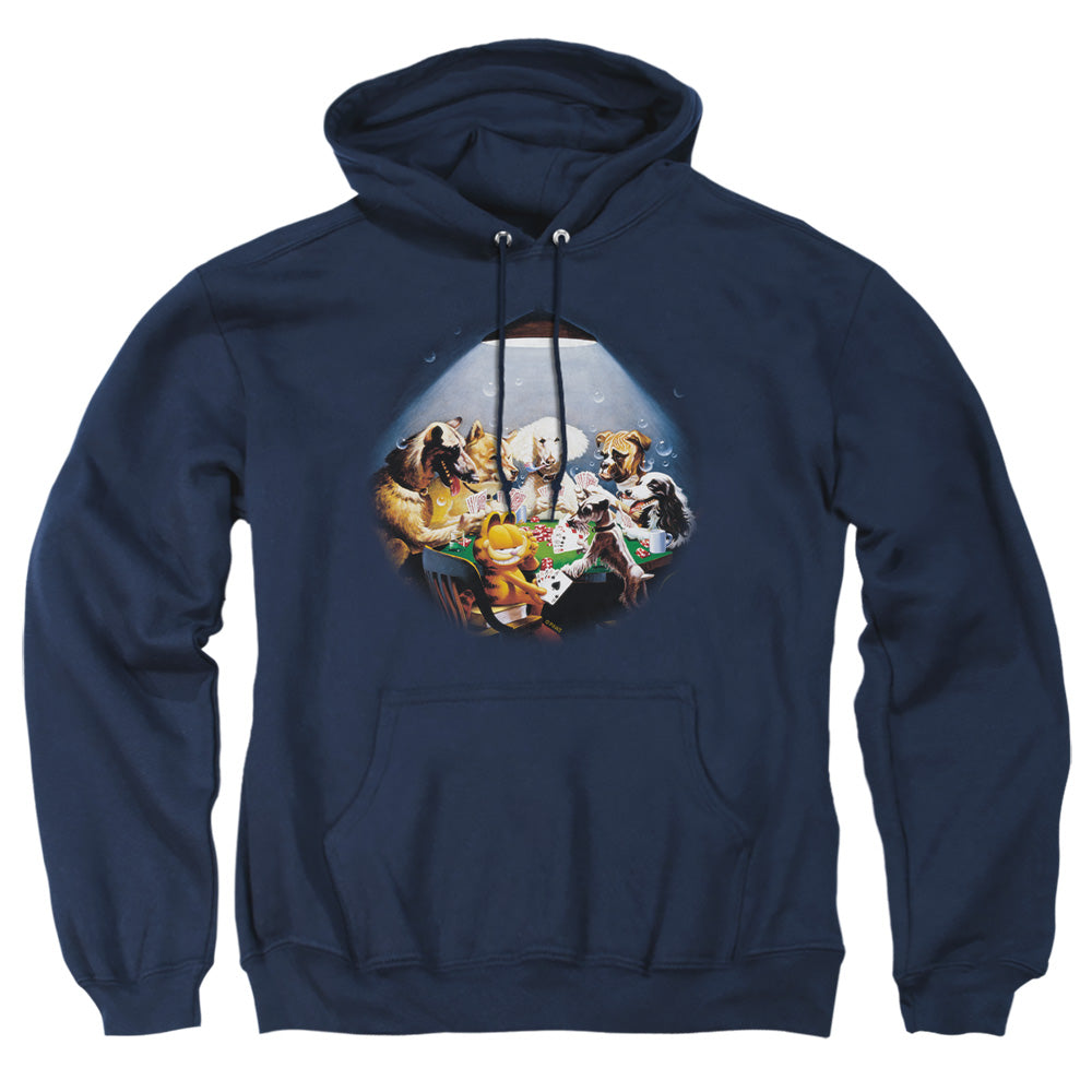 AN OFFCIALLY LICENSED GARFIELD PLAYING WITH THE BIG DOGS ADULT UNISEX PULLOVER HOODIE NAVY