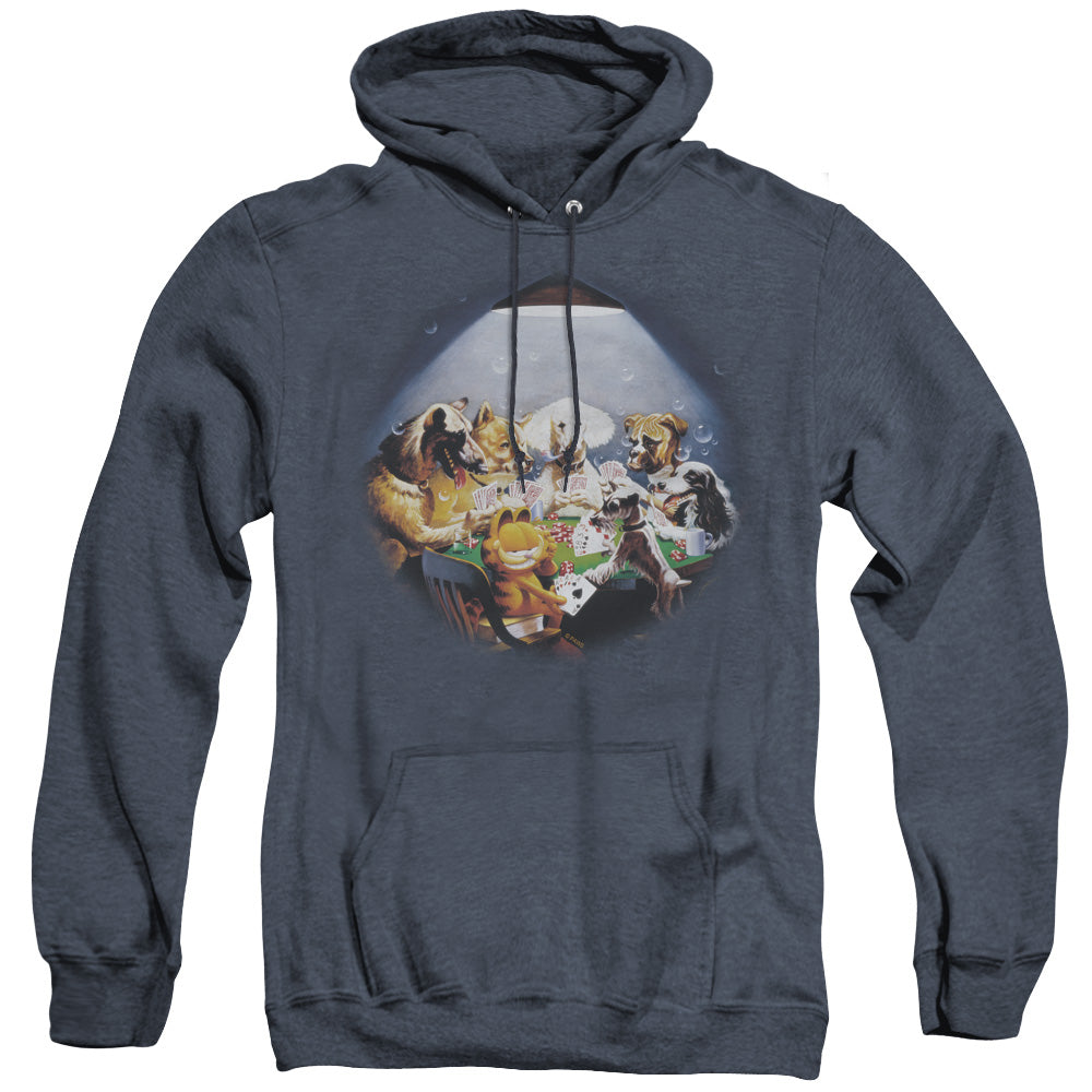 AN OFFCIALLY LICENSED GARFIELD PLAYING WITH THE BIG DOGS ADULT UNISEX HEATHER PULLOVER HOODIE NAVY