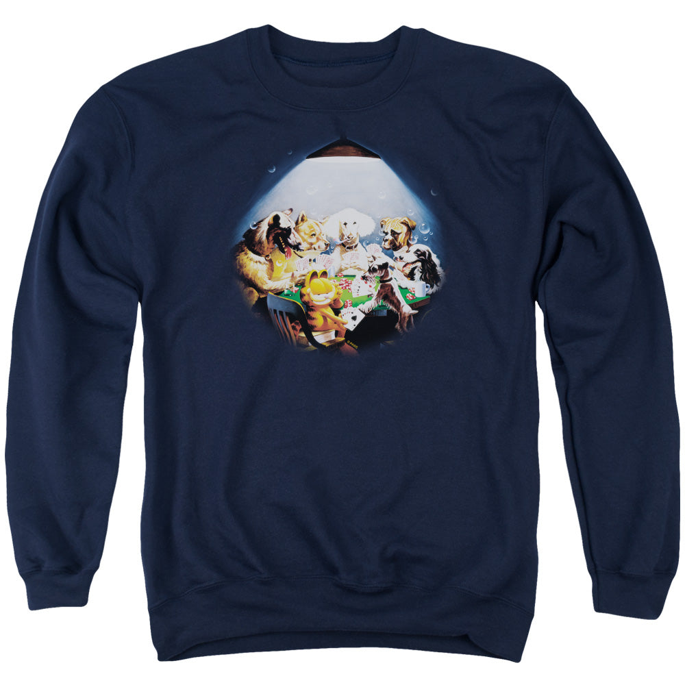 AN OFFCIALLY LICENSED GARFIELD PLAYING WITH THE BIG DOGS ADULT UNISEX CREWNECK SWEATSHIRT NAVY