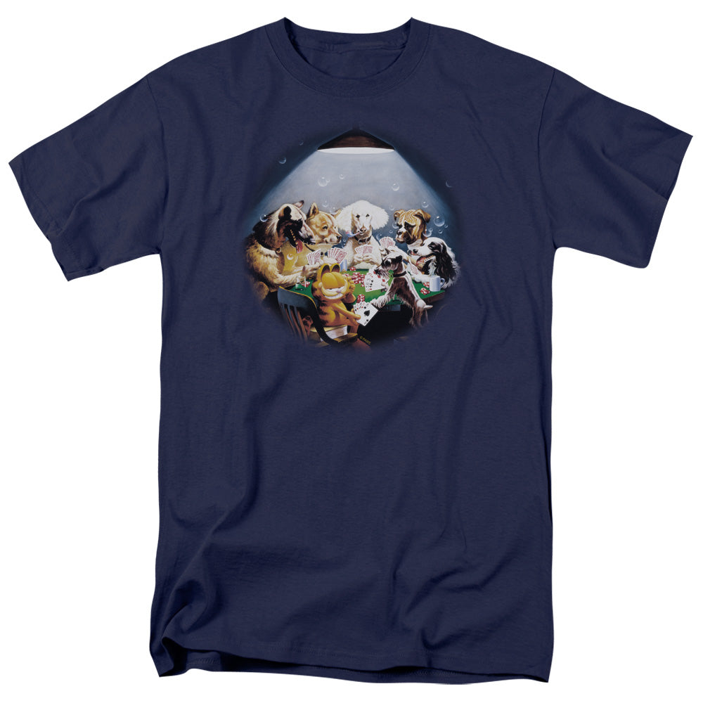 AN OFFCIALLY LICENSED GARFIELD PLAYING WITH THE BIG DOGS MEN'S REGULAR FIT T-SHIRT NAVY