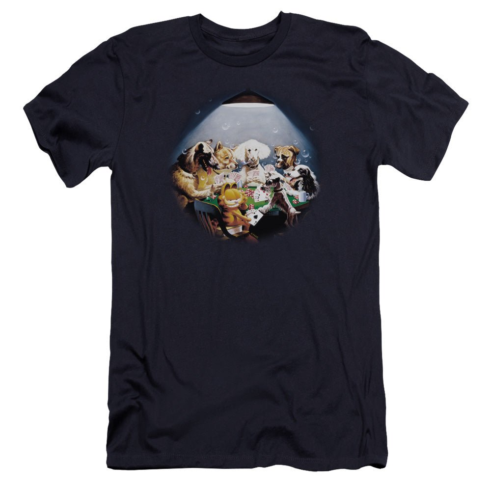 AN OFFCIALLY LICENSED GARFIELD PLAYING WITH THE BIG DOGS MEN'S PREMIUM SLIM FIT T-SHIRT NAVY