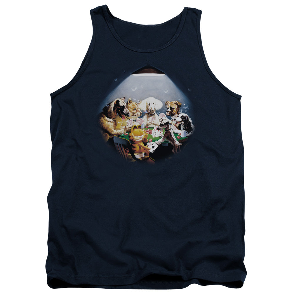 AN OFFCIALLY LICENSED GARFIELD PLAYING WITH THE BIG DOGS ADULT UNISEX TANK TOP NAVY