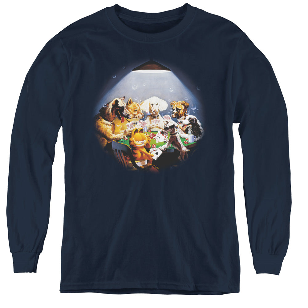 AN OFFCIALLY LICENSED GARFIELD PLAYING WITH THE BIG DOGS YOUTH LONG SLEEVE T-SHIRT NAVY