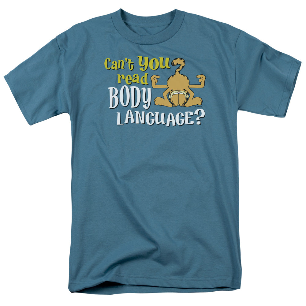 AN OFFCIALLY LICENSED GARFIELD BODY LANGUAGE MEN'S REGULAR FIT T-SHIRT SLATE