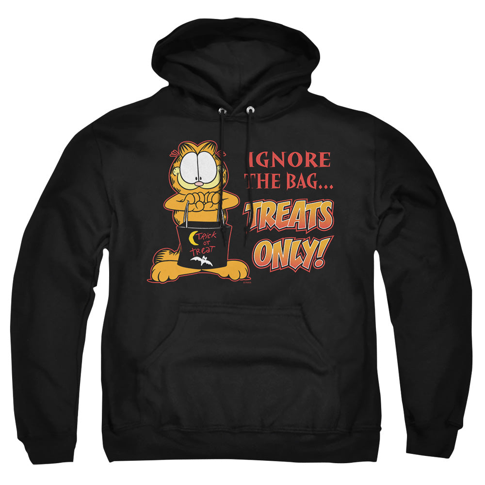 AN OFFCIALLY LICENSED GARFIELD TREATS ONLY ADULT UNISEX PULLOVER HOODIE BLACK