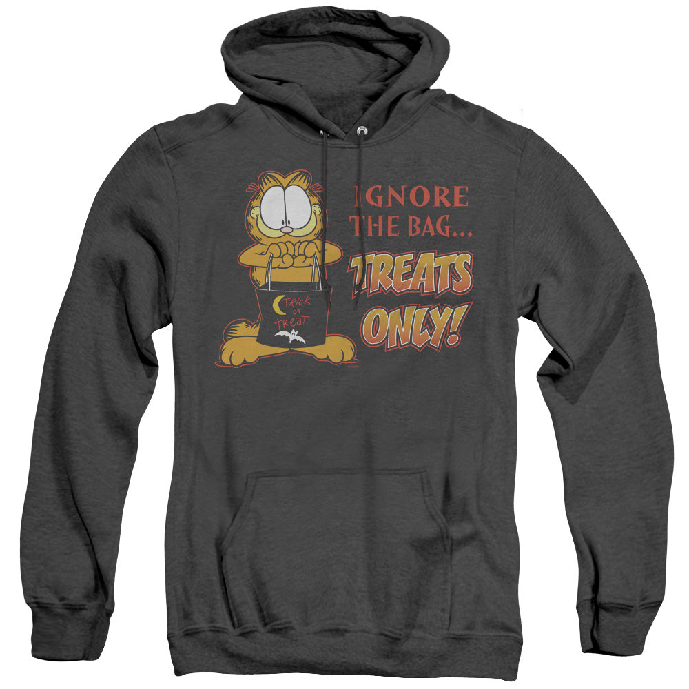 AN OFFCIALLY LICENSED GARFIELD TREATS ONLY ADULT UNISEX HEATHER PULLOVER HOODIE BLACK