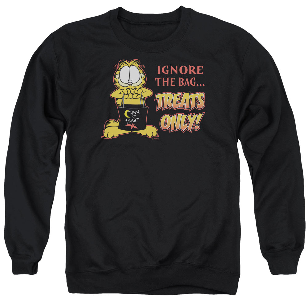 AN OFFCIALLY LICENSED GARFIELD TREATS ONLY ADULT UNISEX CREWNECK SWEATSHIRT BLACK