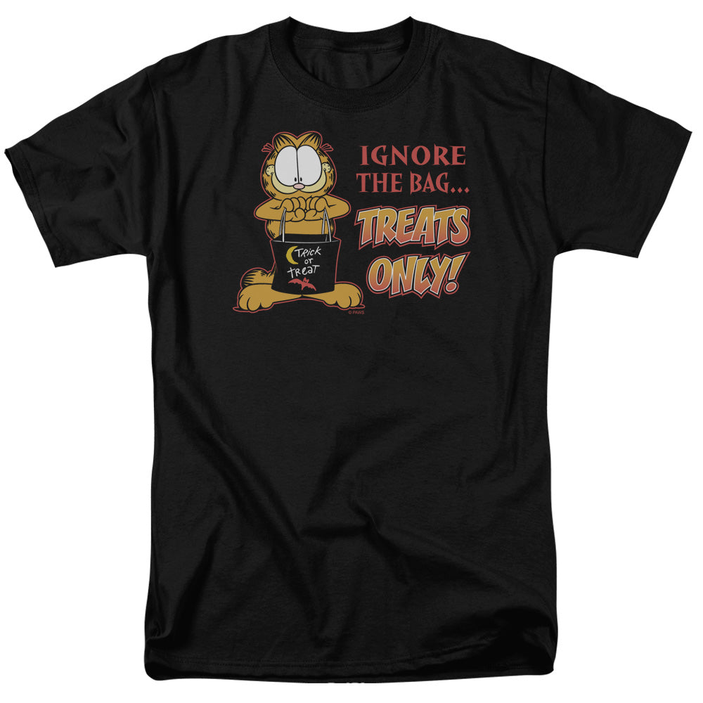 AN OFFCIALLY LICENSED GARFIELD TREATS ONLY MEN'S REGULAR FIT T-SHIRT BLACK