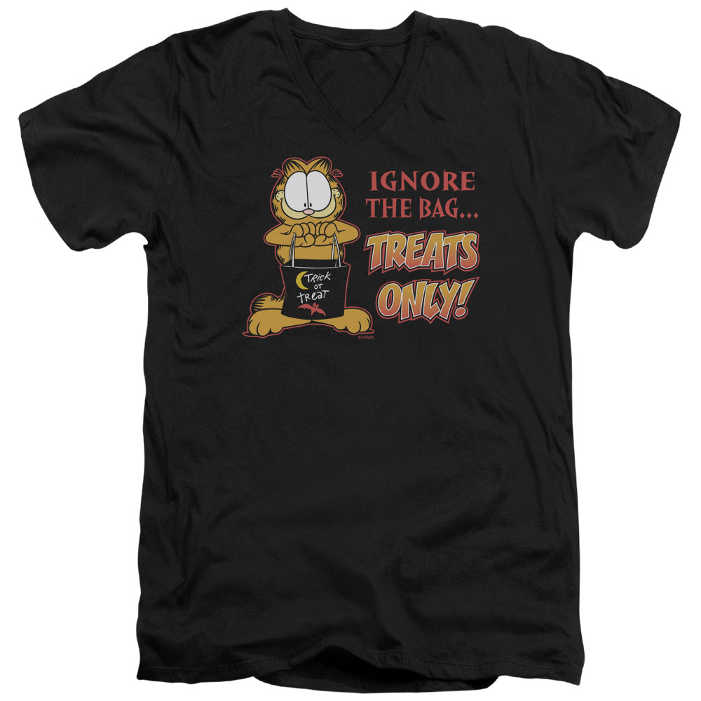 AN OFFCIALLY LICENSED GARFIELD TREATS ONLY MEN'S V-NECK T-SHIRT BLACK