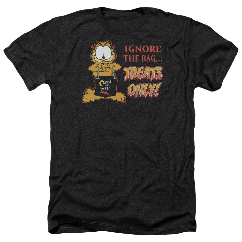 AN OFFCIALLY LICENSED GARFIELD TREATS ONLY MEN'S HEATHER T-SHIRT CHARCOAL