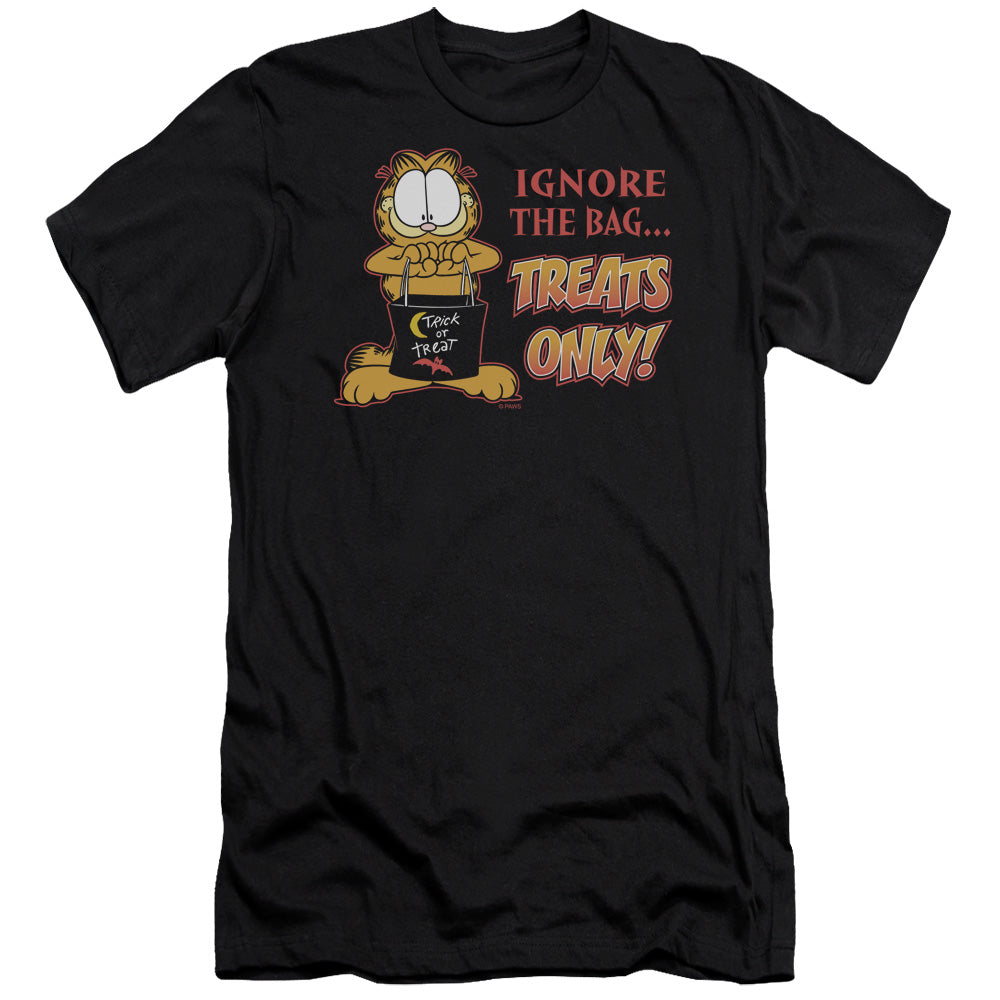 AN OFFCIALLY LICENSED GARFIELD TREATS ONLY MEN'S PREMIUM SLIM FIT T-SHIRT BLACK