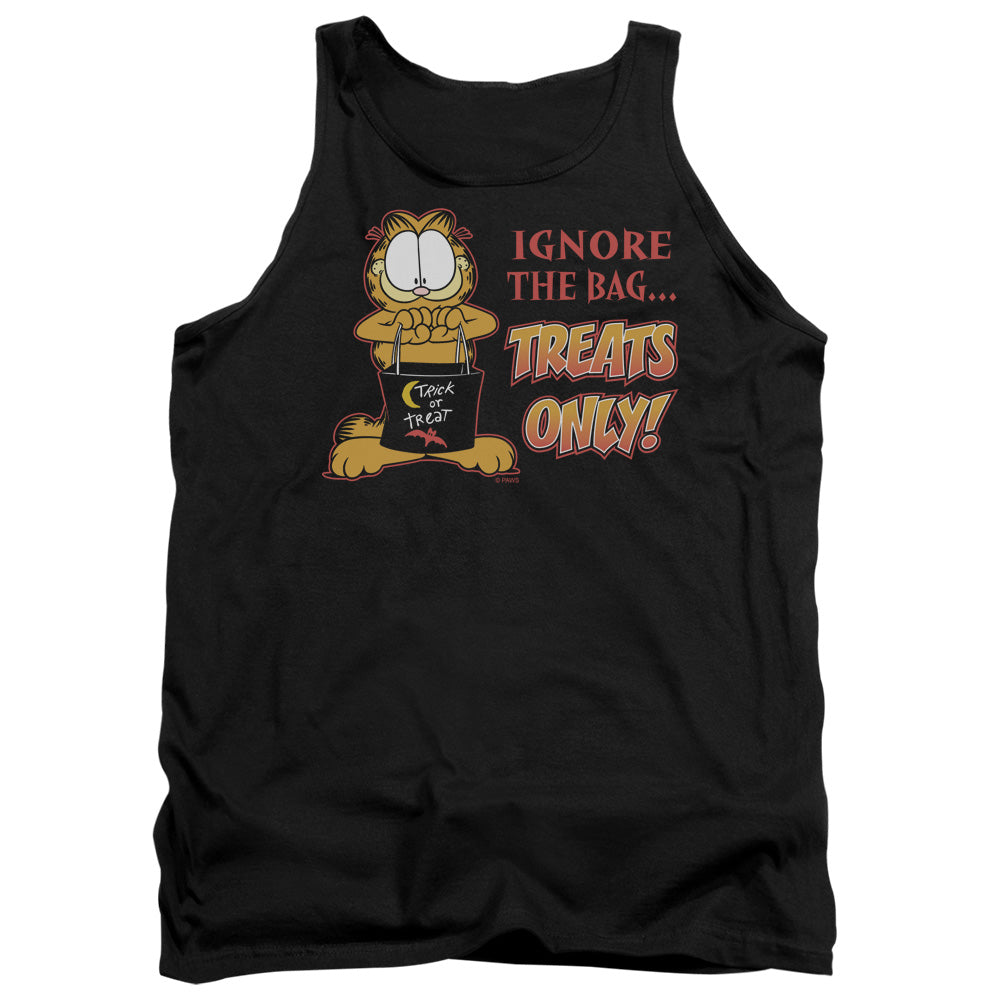 AN OFFCIALLY LICENSED GARFIELD TREATS ONLY ADULT UNISEX TANK TOP BLACK