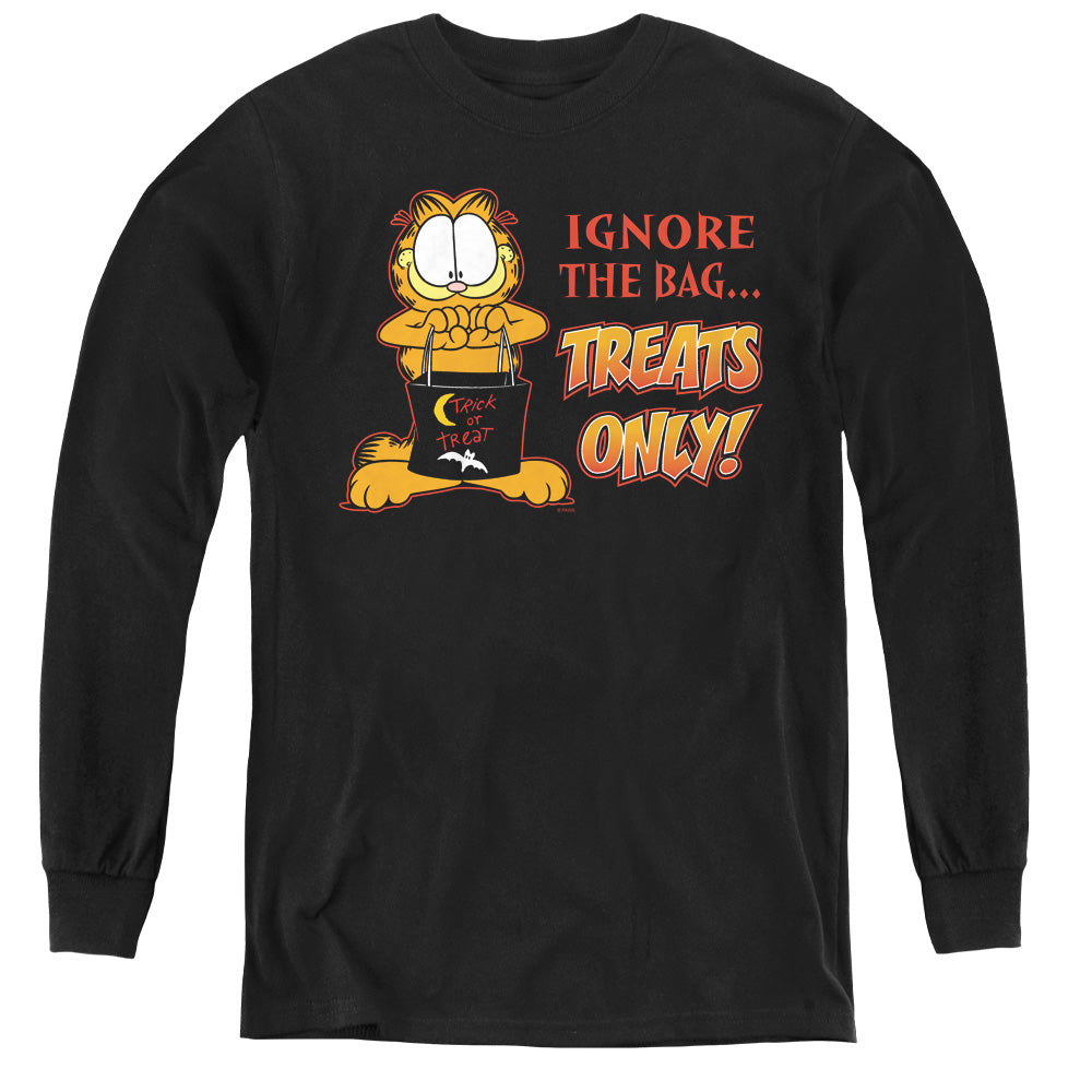 AN OFFCIALLY LICENSED GARFIELD TREATS ONLY YOUTH LONG SLEEVE T-SHIRT BLACK