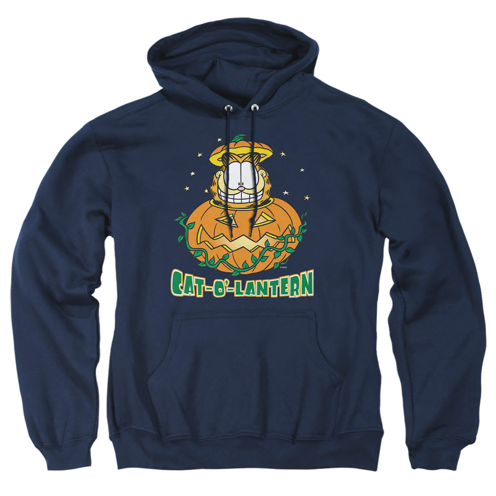 AN OFFCIALLY LICENSED GARFIELD CAT O LANTERN ADULT UNISEX PULLOVER HOODIE NAVY
