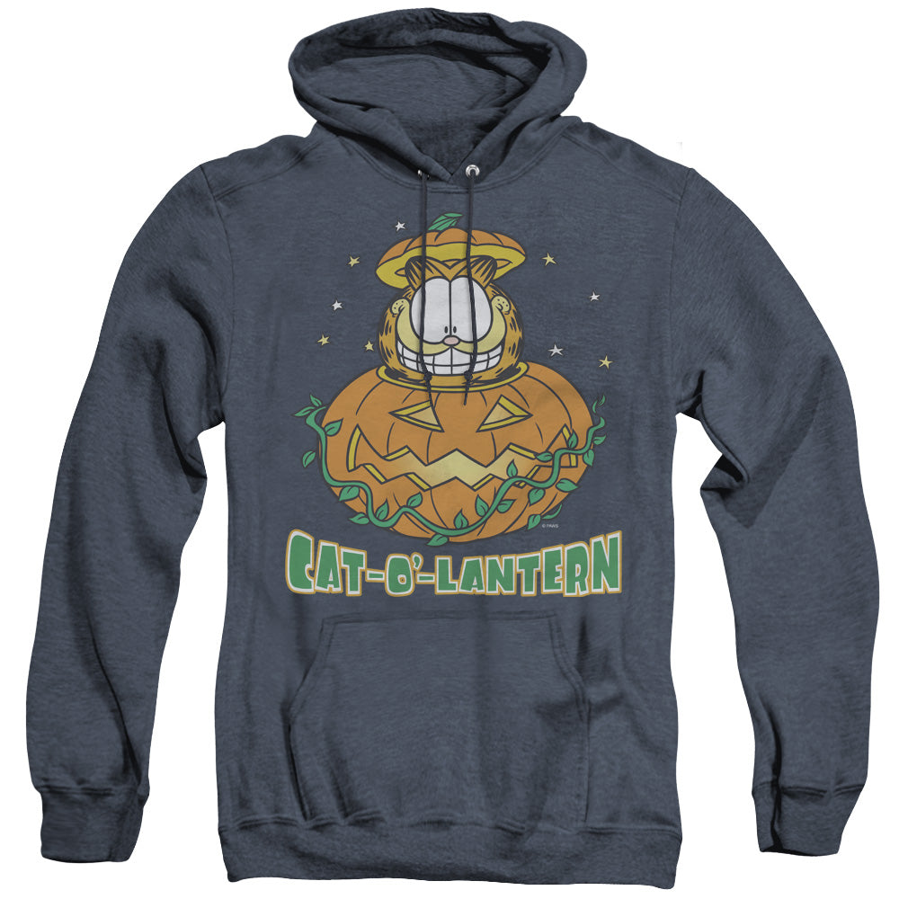 AN OFFCIALLY LICENSED GARFIELD CAT O LANTERN ADULT UNISEX HEATHER PULLOVER HOODIE NAVY