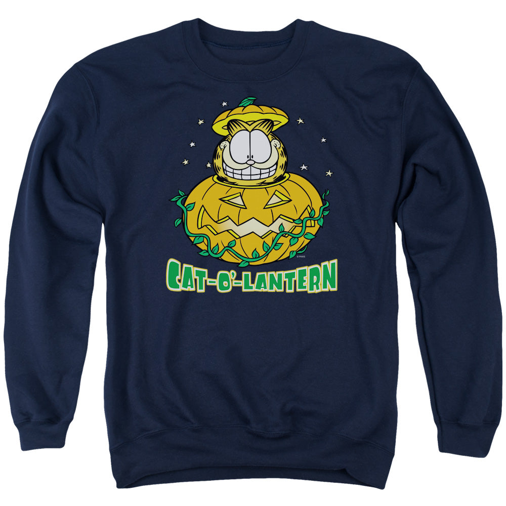 AN OFFCIALLY LICENSED GARFIELD CAT O LANTERN ADULT UNISEX CREWNECK SWEATSHIRT NAVY