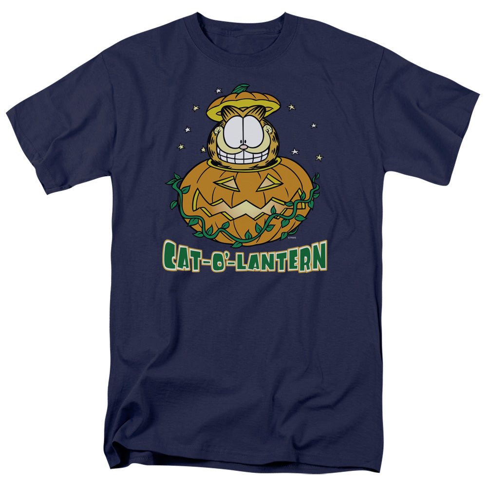AN OFFCIALLY LICENSED GARFIELD CAT O LANTERN MEN'S REGULAR FIT T-SHIRT NAVY