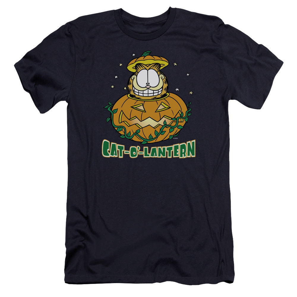 AN OFFCIALLY LICENSED GARFIELD CAT O LANTERN MEN'S PREMIUM SLIM FIT T-SHIRT NAVY