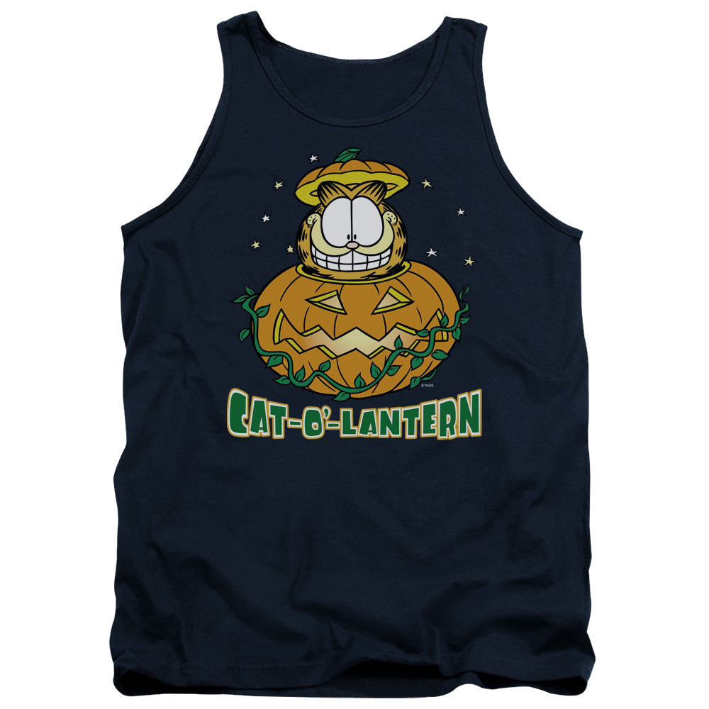 AN OFFCIALLY LICENSED GARFIELD CAT O LANTERN ADULT UNISEX TANK TOP NAVY