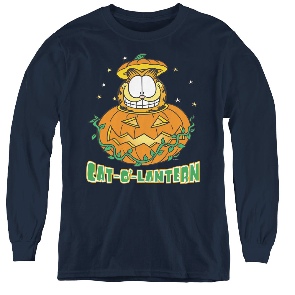AN OFFCIALLY LICENSED GARFIELD CAT O LANTERN YOUTH LONG SLEEVE T-SHIRT NAVY
