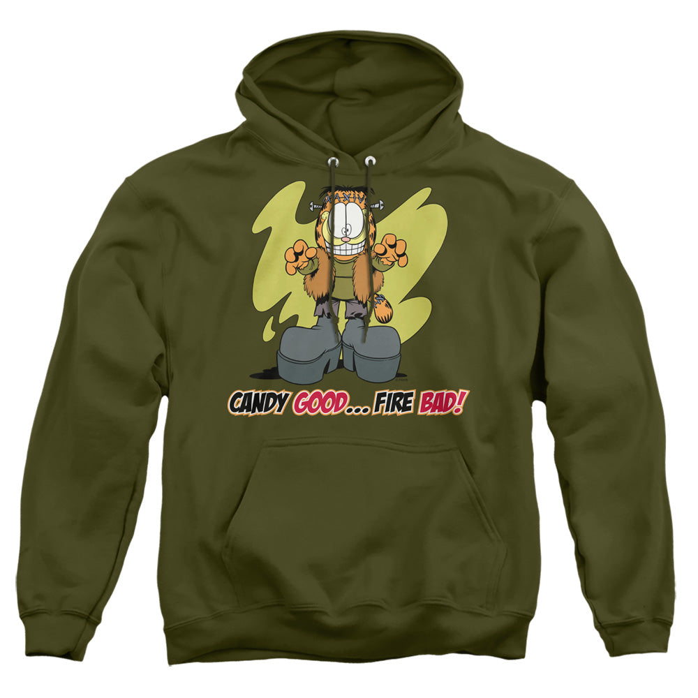 AN OFFCIALLY LICENSED GARFIELD CANDY GOOD ADULT UNISEX PULLOVER HOODIE MILITARY GREEN