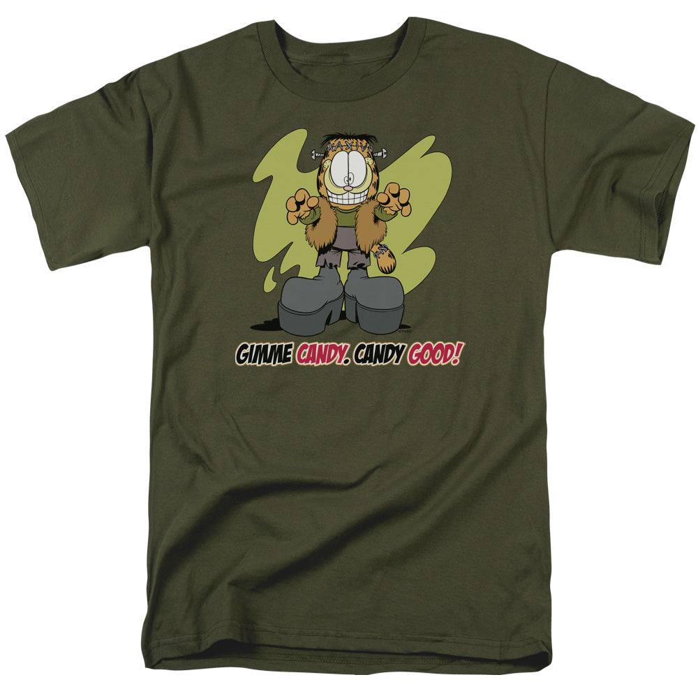AN OFFCIALLY LICENSED GARFIELD CANDY GOOD MEN'S REGULAR FIT T-SHIRT MILITARY GREEN