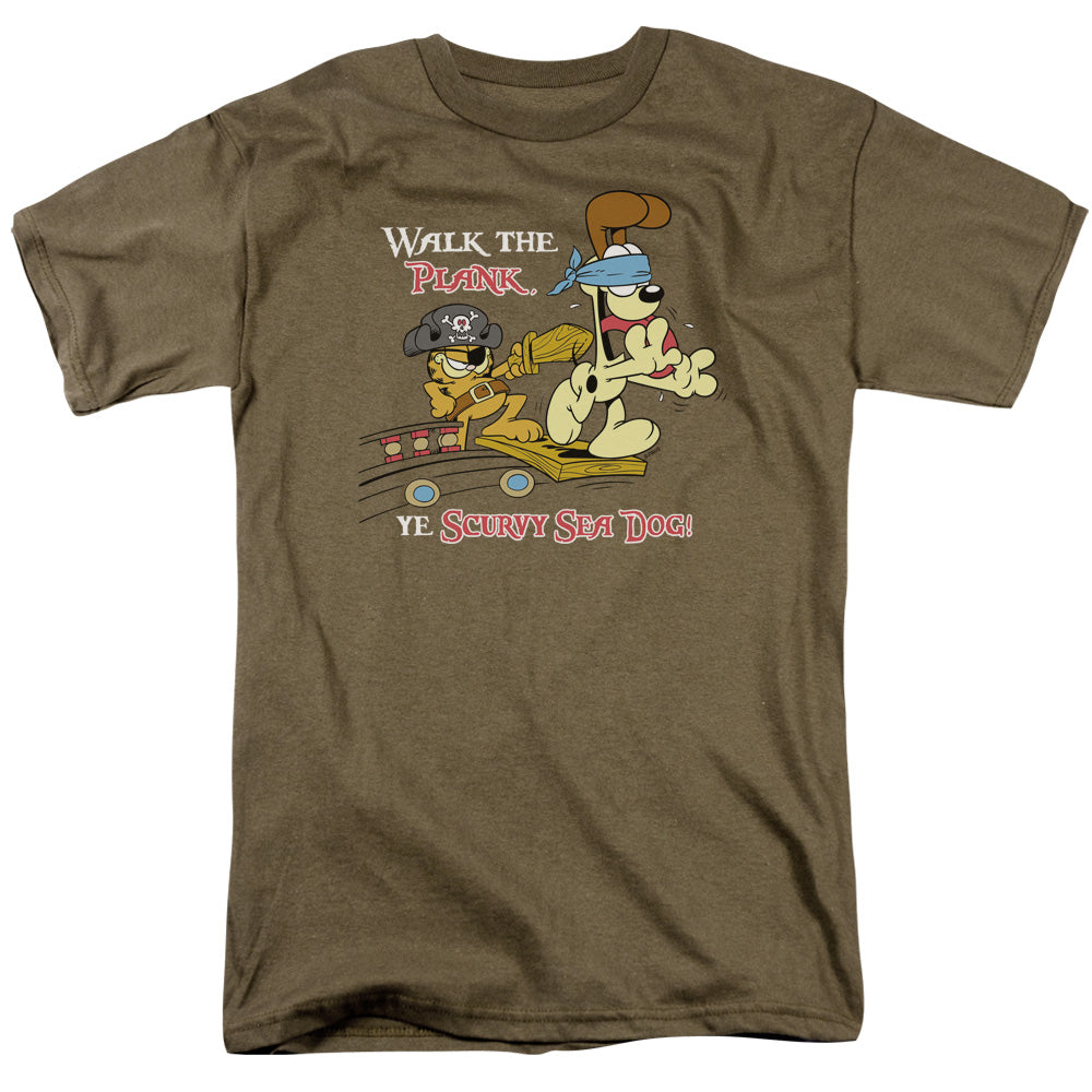 AN OFFCIALLY LICENSED GARFIELD WALK THE PLANK MEN'S REGULAR FIT T-SHIRT SAFARI GREEN