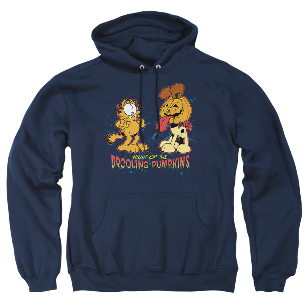 AN OFFCIALLY LICENSED GARFIELD DROOLING PUMPKINS ADULT UNISEX PULLOVER HOODIE NAVY