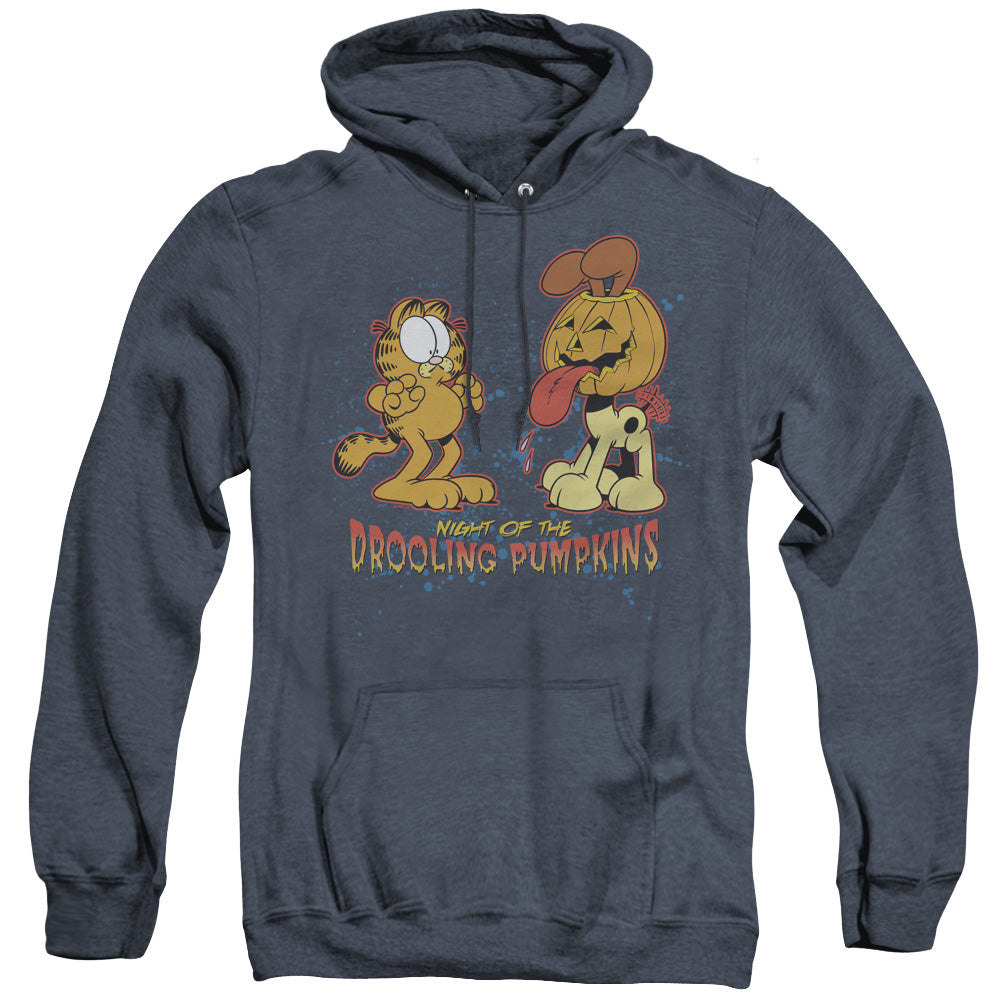 AN OFFCIALLY LICENSED GARFIELD DROOLING PUMPKINS ADULT UNISEX HEATHER PULLOVER HOODIE NAVY