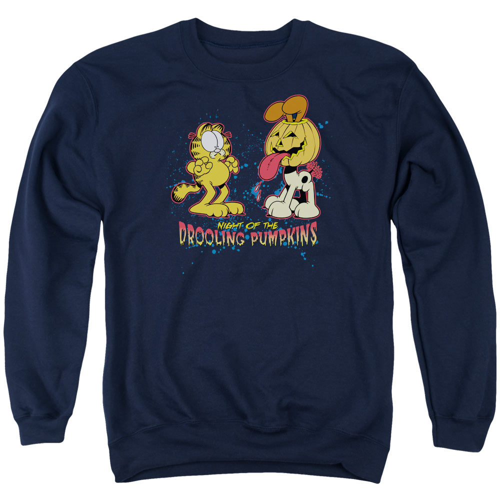AN OFFCIALLY LICENSED GARFIELD DROOLING PUMPKINS ADULT UNISEX CREWNECK SWEATSHIRT NAVY