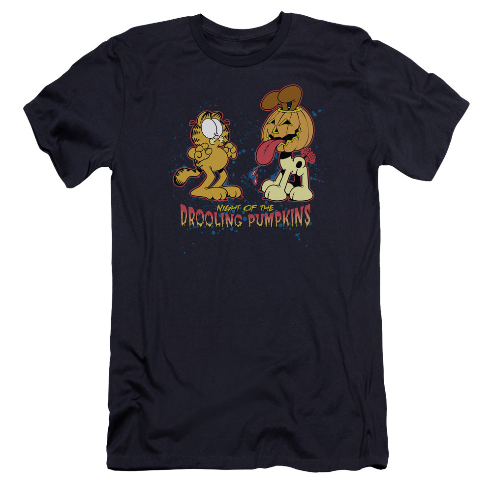 AN OFFCIALLY LICENSED GARFIELD DROOLING PUMPKINS MEN'S PREMIUM SLIM FIT T-SHIRT NAVY