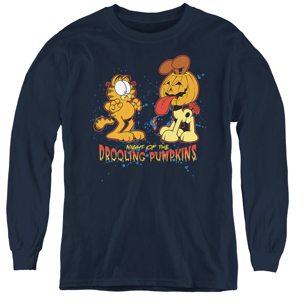AN OFFCIALLY LICENSED GARFIELD DROOLING PUMPKINS YOUTH LONG SLEEVE T-SHIRT NAVY