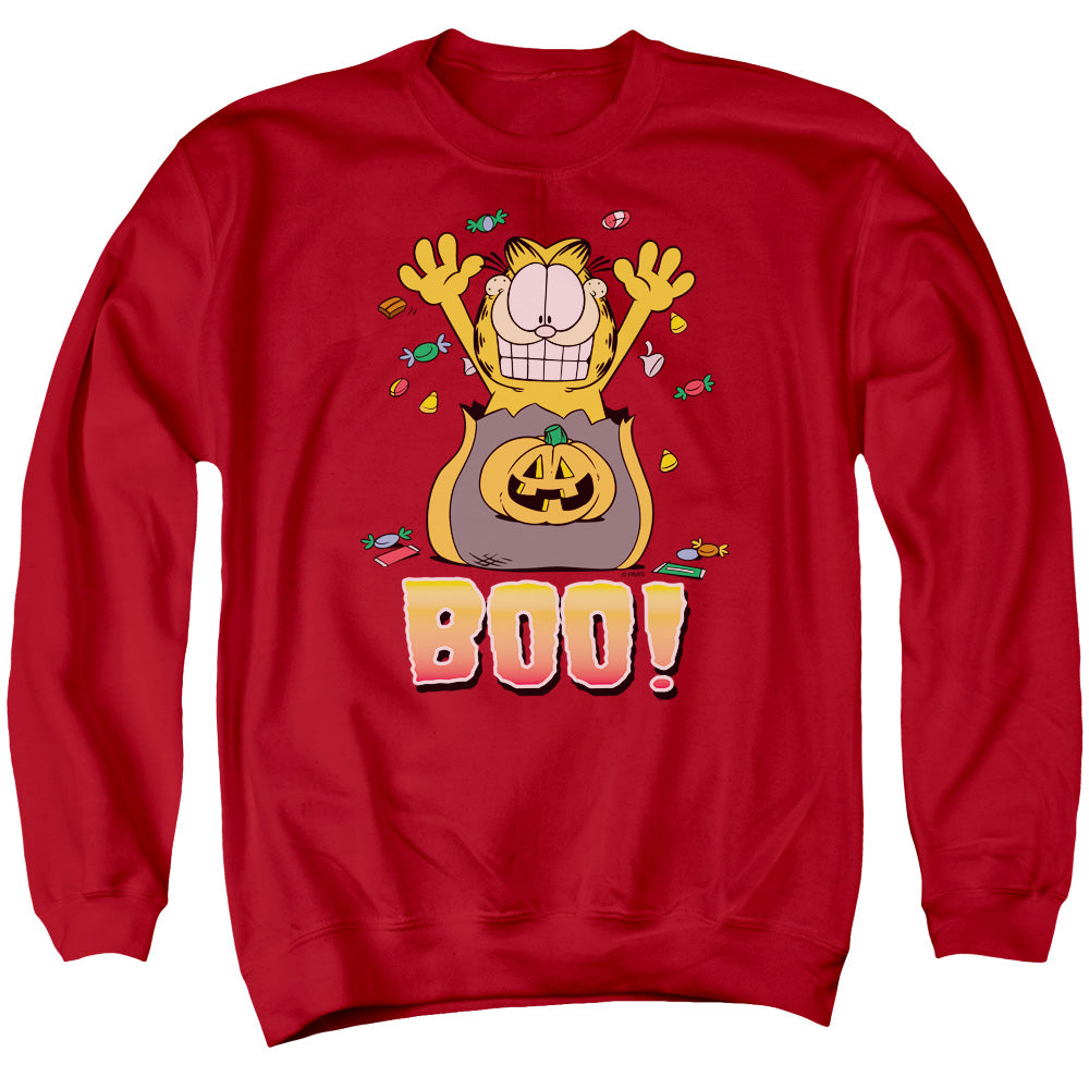 AN OFFCIALLY LICENSED GARFIELD BOO! ADULT UNISEX CREWNECK SWEATSHIRT RED