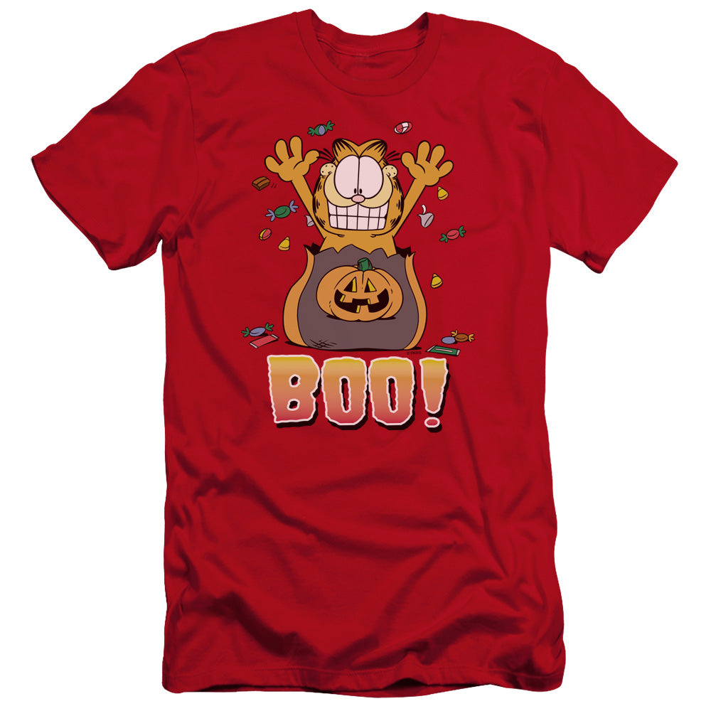 AN OFFCIALLY LICENSED GARFIELD BOO! MEN'S PREMIUM SLIM FIT T-SHIRT RED