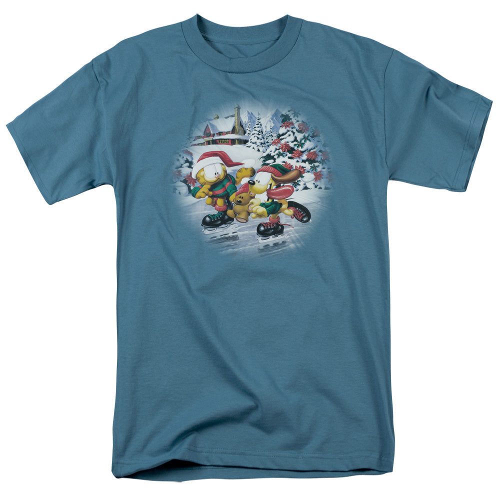 AN OFFCIALLY LICENSED GARFIELD ICE SKATING MEN'S REGULAR FIT T-SHIRT SLATE