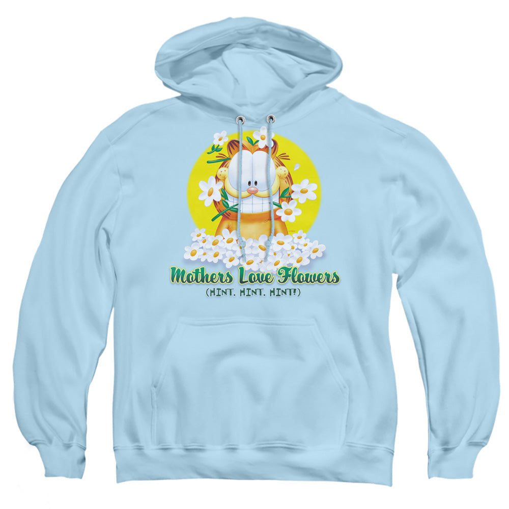 AN OFFCIALLY LICENSED GARFIELD MOTHERS LOVE FLOWERS ADULT UNISEX PULLOVER HOODIE LIGHT BLUE