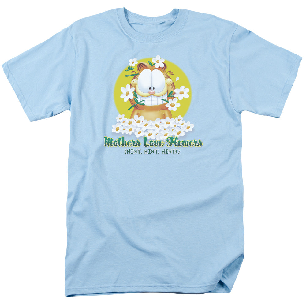 AN OFFCIALLY LICENSED GARFIELD MOTHERS LOVE FLOWERS MEN'S REGULAR FIT T-SHIRT LIGHT BLUE