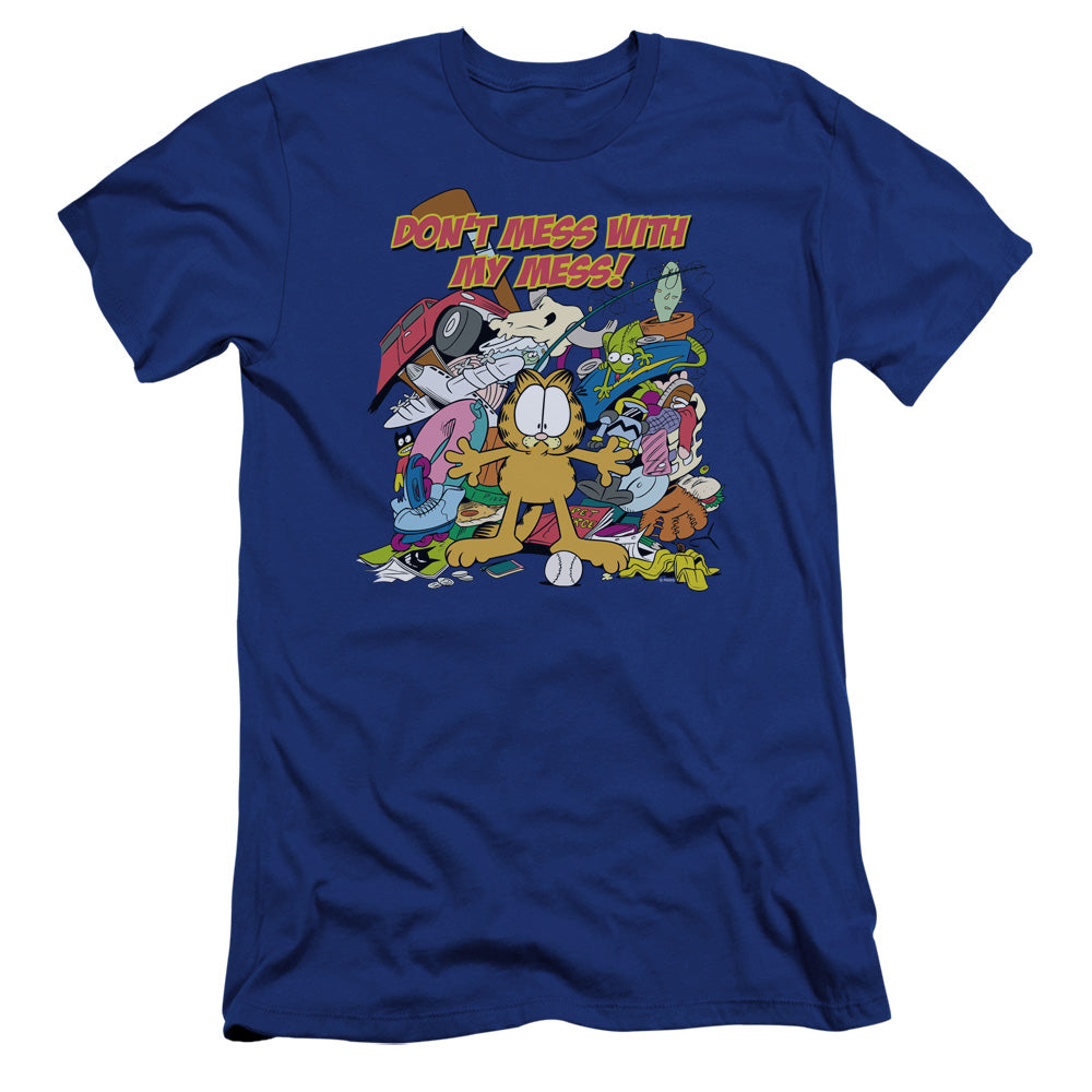 AN OFFCIALLY LICENSED GARFIELD MY MESS MEN'S PREMIUM SLIM FIT T-SHIRT ROYAL
