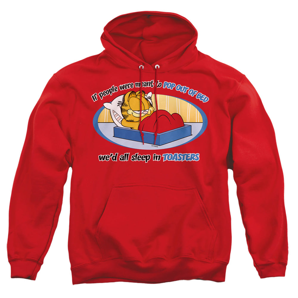 AN OFFCIALLY LICENSED GARFIELD POP OUT OF BED ADULT UNISEX PULLOVER HOODIE RED