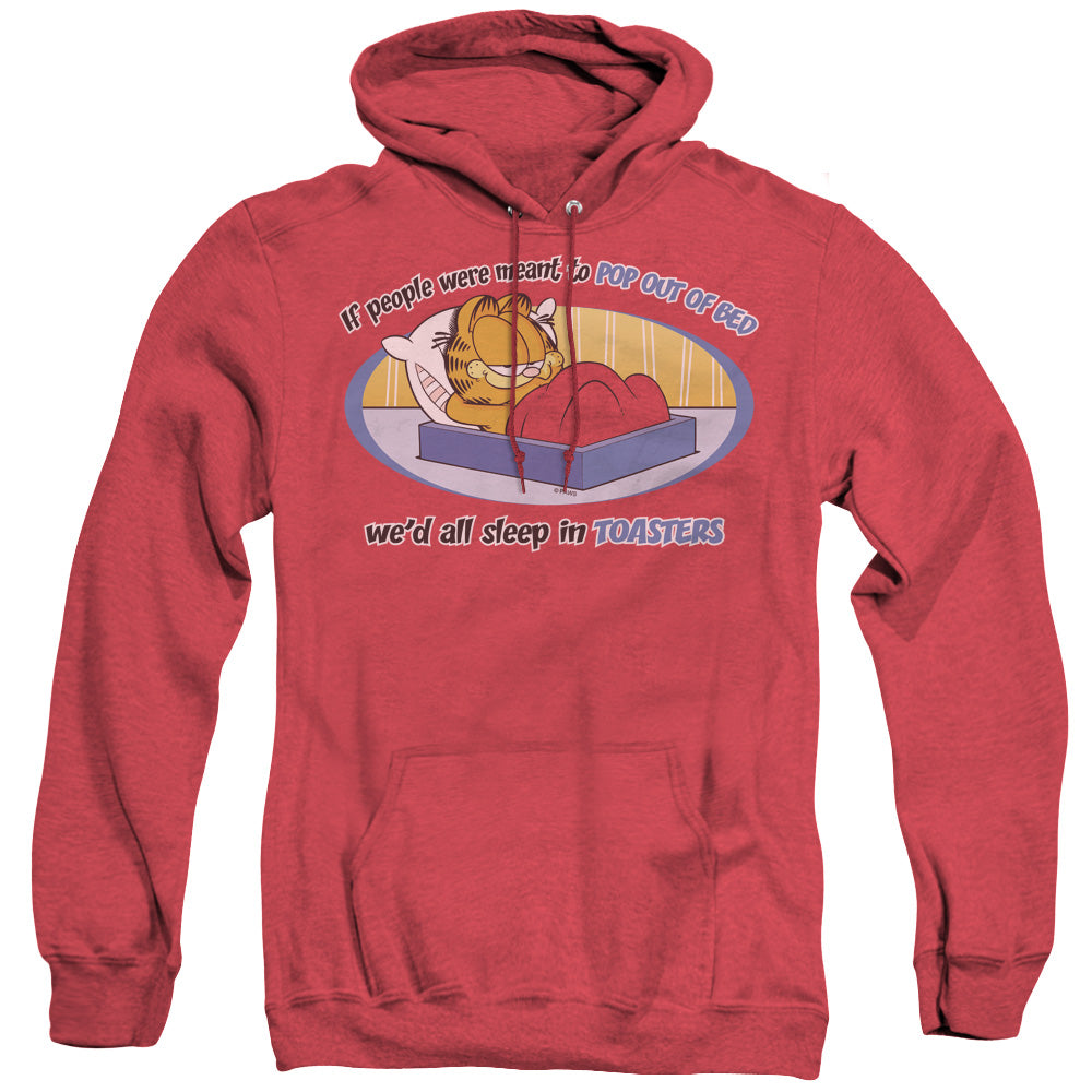 AN OFFCIALLY LICENSED GARFIELD POP OUT OF BED ADULT UNISEX HEATHER PULLOVER HOODIE RED