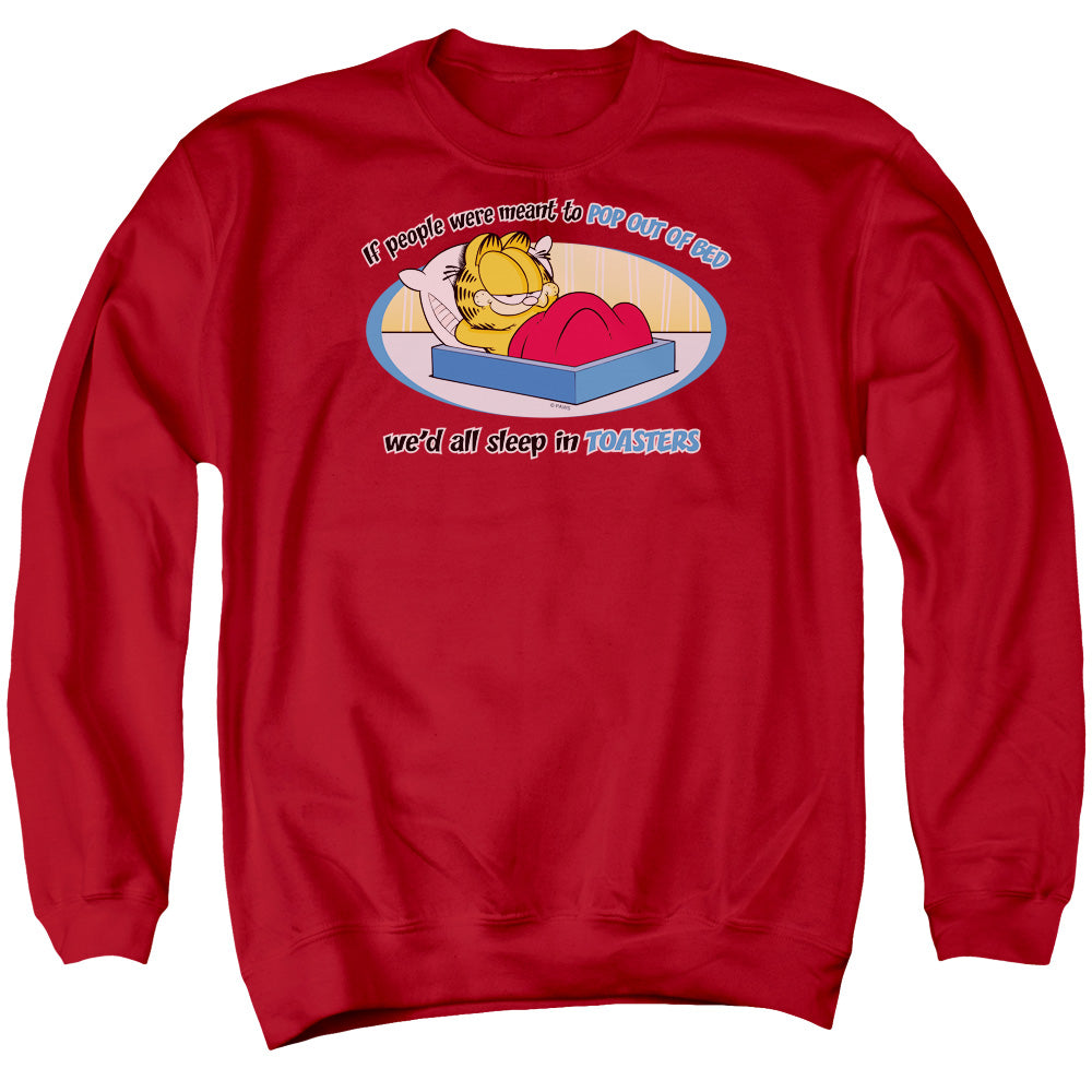 AN OFFCIALLY LICENSED GARFIELD POP OUT OF BED ADULT UNISEX CREWNECK SWEATSHIRT RED