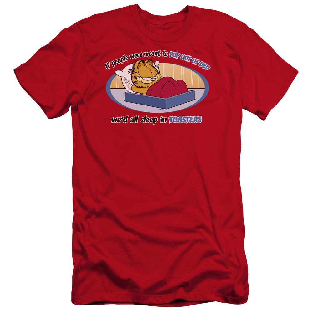 AN OFFCIALLY LICENSED GARFIELD POP OUT OF BED MEN'S PREMIUM SLIM FIT T-SHIRT RED