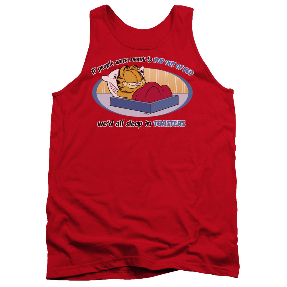 AN OFFCIALLY LICENSED GARFIELD POP OUT OF BED ADULT UNISEX TANK TOP RED