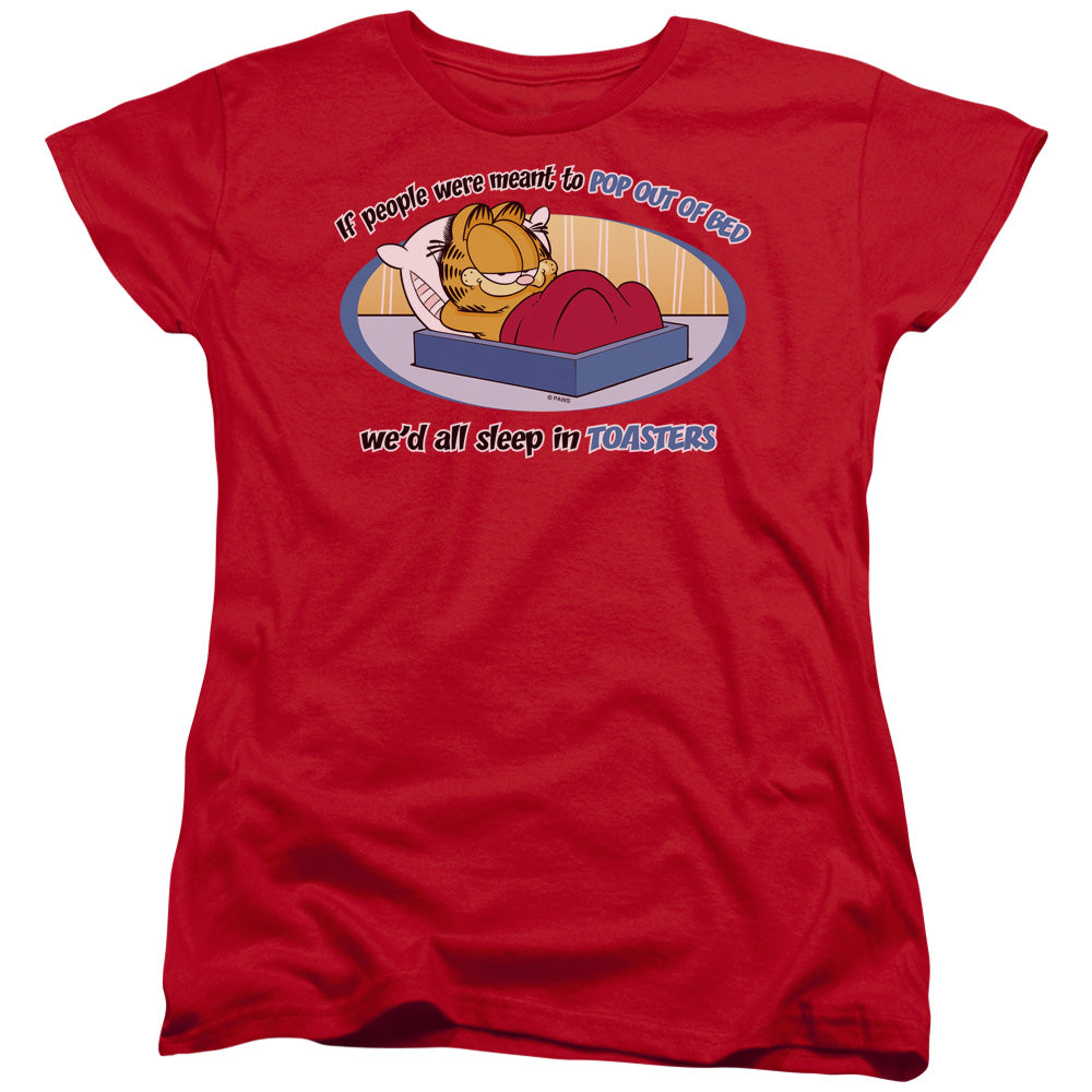 AN OFFCIALLY LICENSED GARFIELD POP OUT OF BED WOMEN'S REGULAR FIT T-SHIRT RED
