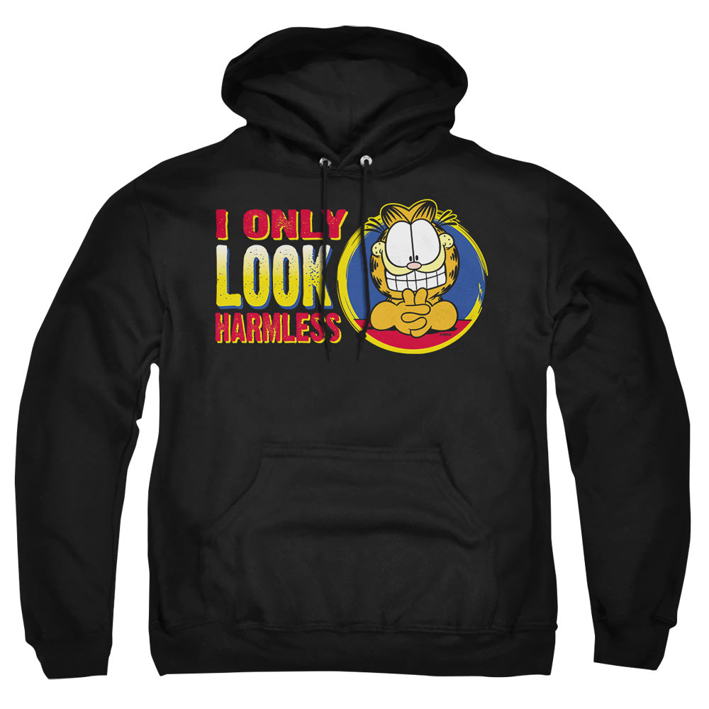 AN OFFCIALLY LICENSED GARFIELD I ONLY LOOK HARMLESS ADULT UNISEX PULLOVER HOODIE BLACK
