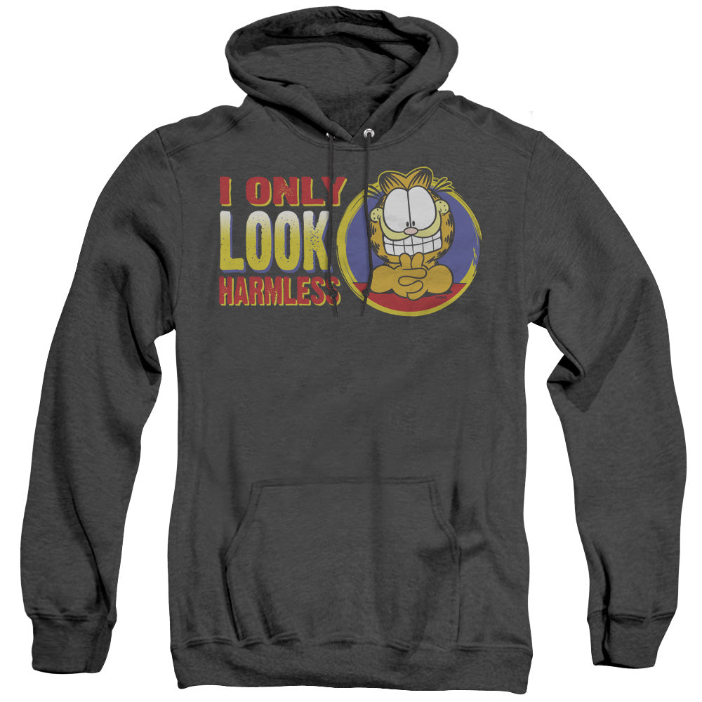 AN OFFCIALLY LICENSED GARFIELD I ONLY LOOK HARMLESS ADULT UNISEX HEATHER PULLOVER HOODIE BLACK