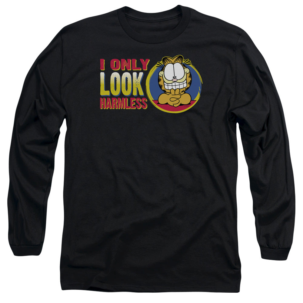 AN OFFCIALLY LICENSED GARFIELD I ONLY LOOK HARMLESS MEN'S LONG SLEEVE T-SHIRT BLACK