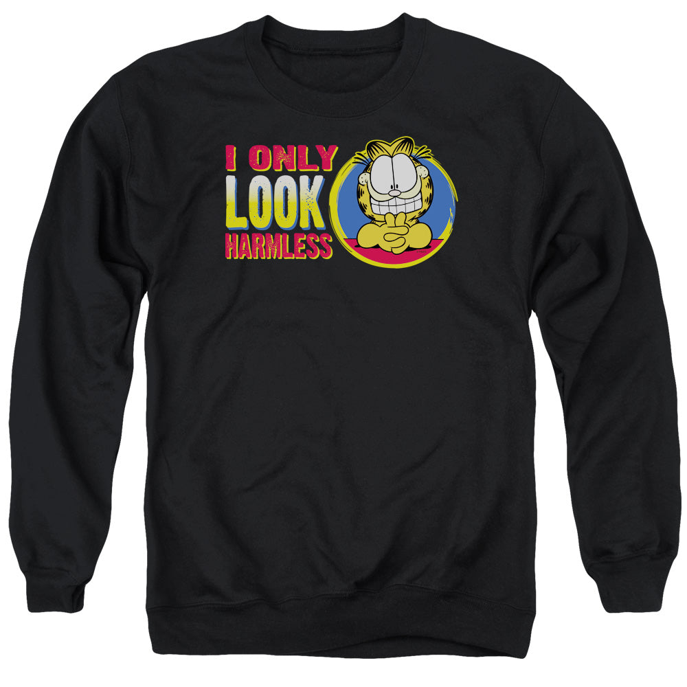 AN OFFCIALLY LICENSED GARFIELD I ONLY LOOK HARMLESS ADULT UNISEX CREWNECK SWEATSHIRT BLACK