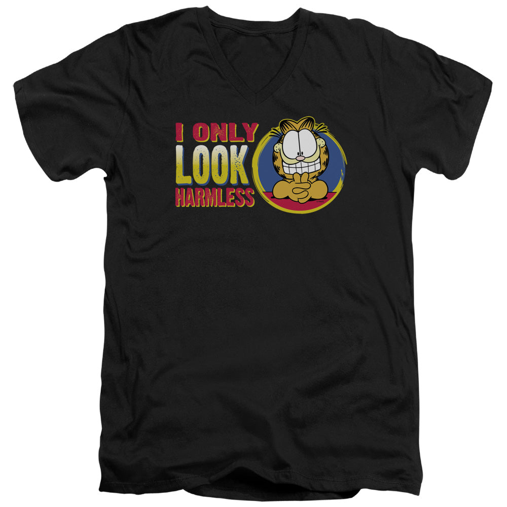AN OFFCIALLY LICENSED GARFIELD I ONLY LOOK HARMLESS MEN'S V-NECK T-SHIRT BLACK